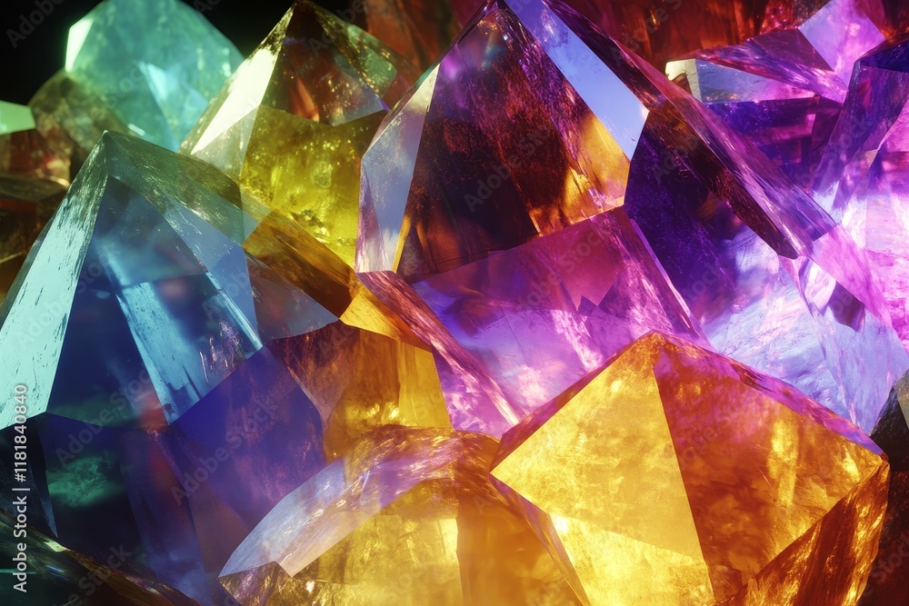 Poster vibrant close-up of multi-colored crystals with sharp edges and reflective surfaces capturing light 