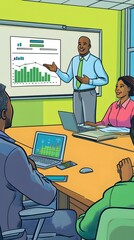 A cartoon-style depiction of an office meeting, with three men sitting at the table in front and one man standing behind it, holding up charts on the boardroom wall
