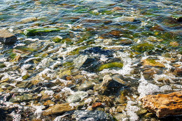 sparkling sea water and mossy beach stones