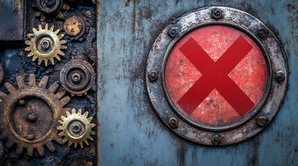 Rusty metal plate with red X and gears.