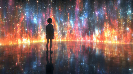 Obraz premium Surreal Journey Through an Infinite Space of Encountering Stunning Northern Lights and the Mystical Aurora Borealis in an Enchanted Universe