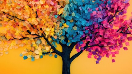 A vibrant tree with colorful leaves representing diverse ecosystems and ecological balance