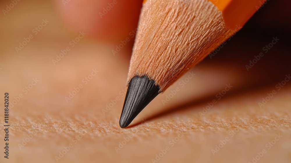 Aufkleber classic orange pencil with a sharp graphite tip touching a piece of light brown paper, ready to begi