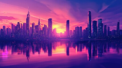 Fototapeta premium A vibrant urban skyline at dawn, skyscrapers illuminated by the rising sun with perfect water reflections