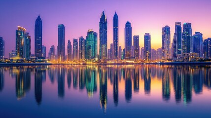 Obraz premium A vibrant urban skyline at dawn, skyscrapers illuminated by the rising sun with perfect water reflections