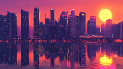 Obraz premium A vibrant urban skyline at dawn, skyscrapers illuminated by the rising sun with perfect water reflections