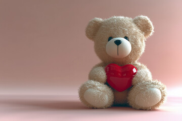 Obraz premium Teddy bear holding a red heart on soft pastel background