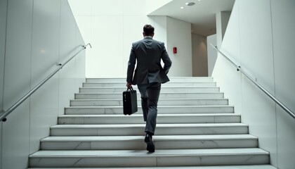 Businessman Climbing Stairs With Briefcase, Business Growth, Career Climb