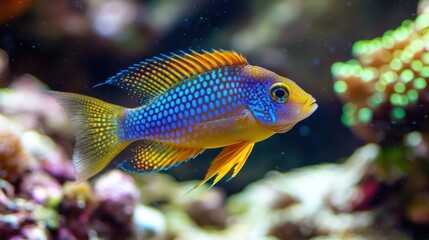 Obraz premium Colorful tropical fish swimming around coral reefs in an aquarium.