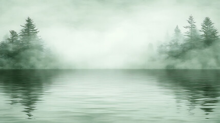 Fototapeta premium Serene Green Watercolor Background with Abstract Fog and Forest Reflection, Ideal for Creative Projects in Nature and Tranquility Themes