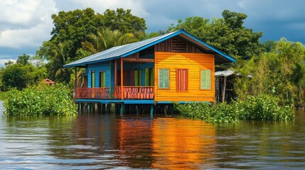 Fototapeta premium A vibrant wooden home perched above floodwaters with green vegetation floating nearby