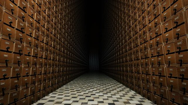 Moving on a corridor with endless drawers, 3D animation