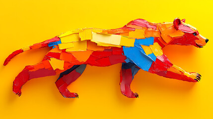 Fototapeta premium Vibrant Abstract Bear Sculpture Crafted from Colorful Pieces on a Bright Yellow Background, Showcasing Artistic Creativity and Unique Design Elements