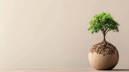 A small tree grows from a spherical base, symbolizing nature's resilience and the importance of greenery in our environment.