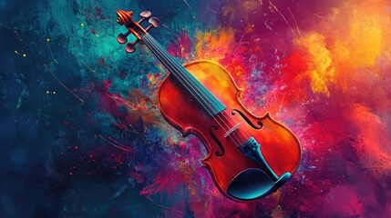 Fototapeta premium A violin with luminous, colorful splashes blending into an abstract artistic background