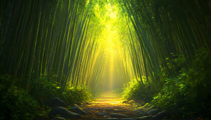 Fototapeta premium Serene bamboo forest path bathed in sunlight, creating a mystical and peaceful atmosphere. Ideal for meditation, nature, and tranquility themes.