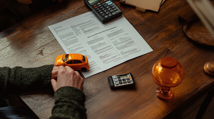 Car Loan Consultation: A financial advisor reviews car loan documents with a client, focused on the paperwork, calculator, and a small orange toy car on a table.