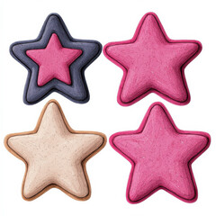 Star shaped cushions in various colors and textures isolated design on white background