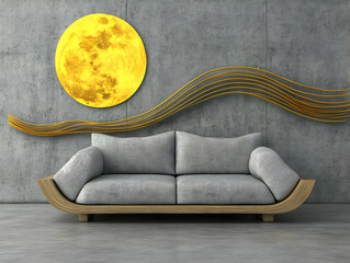 Modern 3D Sofa Illustration with Yellow Moon