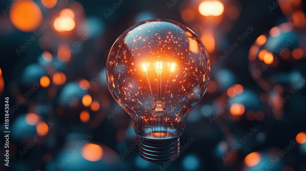 Poster illuminated light bulb with glowing particles in dark abstract background