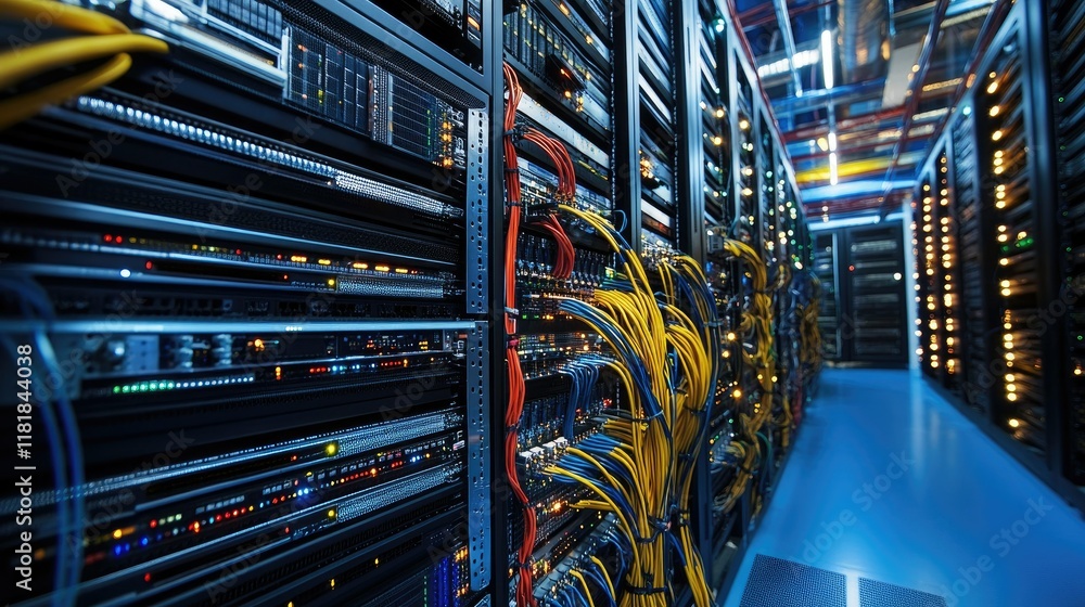 Poster advanced data center infrastructure featuring interconnected backhaul network cables, server racks, 