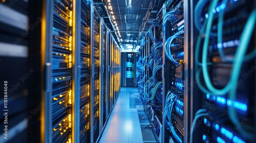 Aufkleber advanced data center infrastructure featuring interconnected backhaul network cables, server racks, 