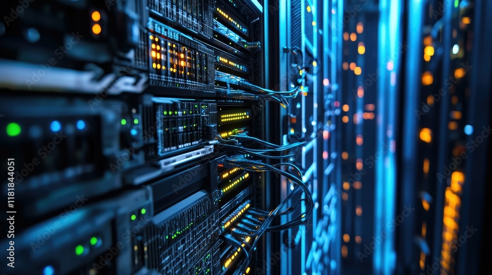 Poster advanced data center infrastructure featuring interconnected backhaul network cables, server racks, 
