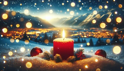 A glowing red candle surrounded by snow and festive decorations, with a snowy mountain landscape and city lights in the background.