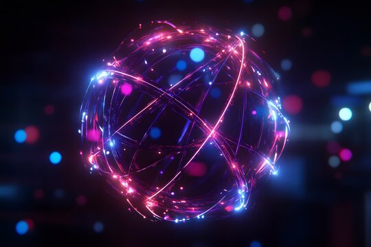 Glowing digital particles forming an orb of interconnected knowledge streams 