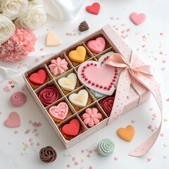 Valentine's Day chocolate box, heart-shaped confections, pastel colors, romantic gift, floral accents, candy hearts