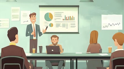A cartoon-style depiction of an office meeting, with three men sitting at the table in front and one man standing behind it, holding up charts on the boardroom wall
