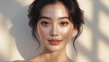 Fototapeta premium Portrait of stunning Asian Female Model Showcases K-Beauty Makeup and Flawless Skin on White Background for Skincare Advertising