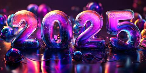 3D iridescent 2025 numbers with a colorful finish