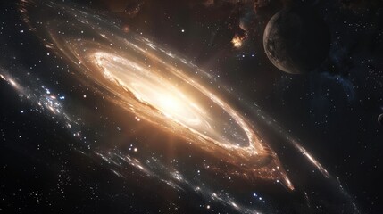 Obraz premium A bright galaxy with shimmering stars and cosmic swirls in the infinite cosmos.