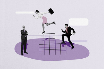 Creative collage picture young businesspeople rush hurry run upstairs achieve goal career promotion...