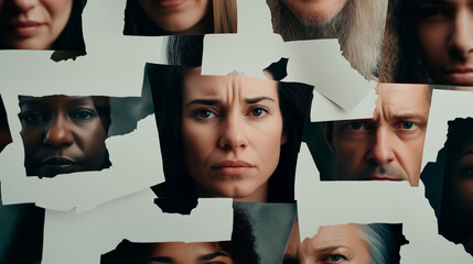 Collage of Partially Obscured Faces with a Central Female Figure