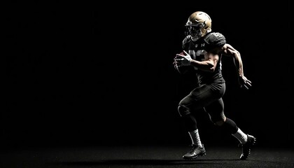 Football Player Running with Ball, Dark Background, Athletic,