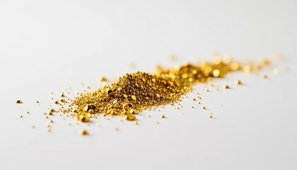 Gold dust pile on white background, gold granules, precious metal,