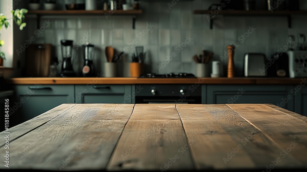 Aufkleber empty wooden table stands prominently in the foreground of a blurred, modern kitchen, creating a per