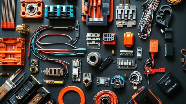 Collection of various electronic components and tools arranged neatly on a dark surface