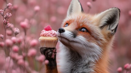 Obraz premium Amidst a dreamy background of pink blossoms, a cute fox delicately holds a tiny cupcake topped with frosting and a raspberry, showcasing its playful charm and talent in balancing