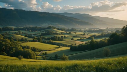 Obraz premium Tranquil Green Landscape with Blue Sky, flowers and Rolling Hills