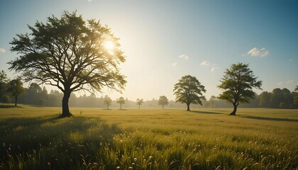 Fototapeta premium Tranquil Green Landscape with Blue Sky, flowers and Rolling Hills