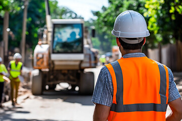 A male supervisor in a hard hat monitors ongoing road construction activities. Concept of workforce management, engineering precision, and public works.