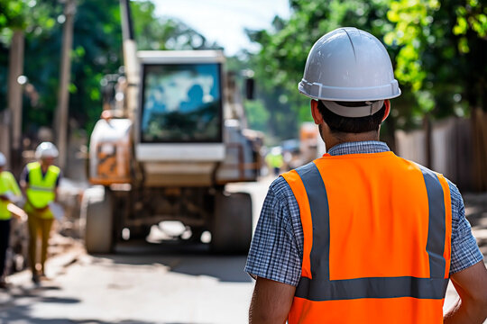 A male supervisor in a hard hat monitors ongoing road construction activities. Concept of workforce management, engineering precision, and public works.