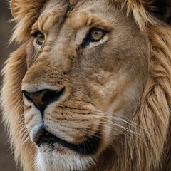 A close-up of a lion’s face with a completely white background.