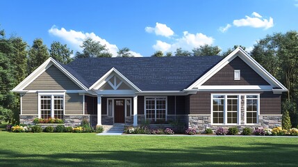 American House Front View with Beautiful Architectural and Design Elements