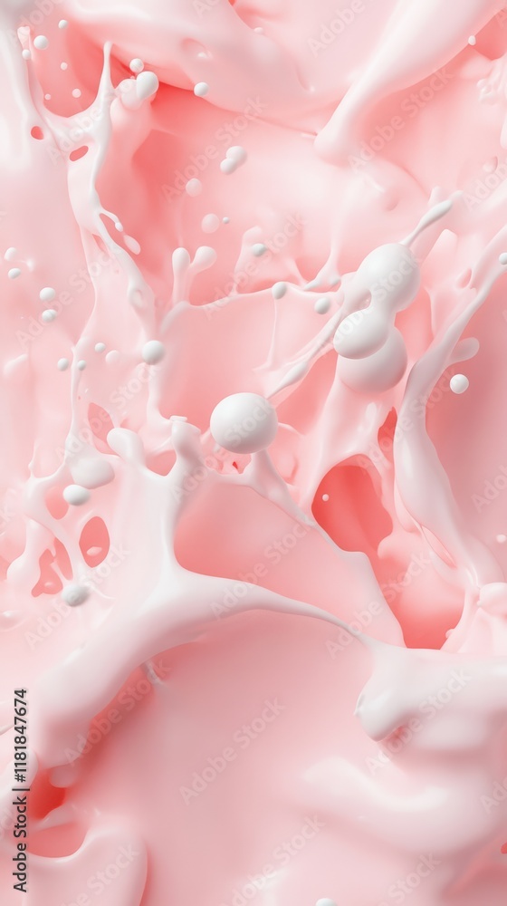 Poster pink liquid mixing with a splash of white cream, creating soft, rounded shapes and bubbles, suitable