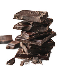 A stack of dark chocolate bars with some pieces broken off and scattered around.
