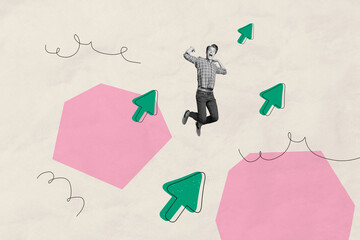 Trend artwork sketch design montage 3D collage of young guy fly excited emoji pointer arrow...